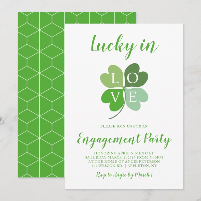 Convites Lucky In Love Heart Shamrock Festa de noivado (Frente/Verso)