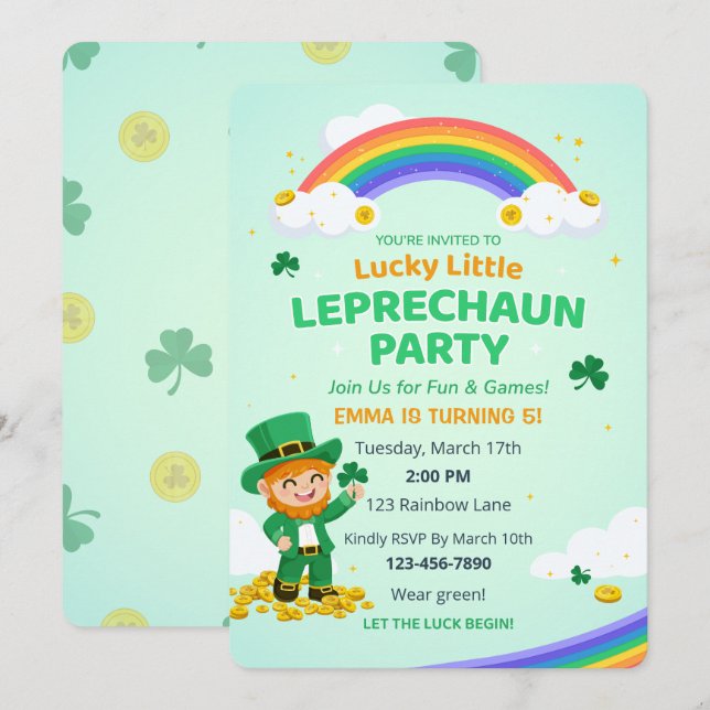 Convites Lucky Little Leprechaun Rainbow Kid Birthday Party (Frente/Verso)