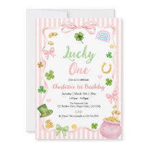 Lucky One Girl 1st Birthday Invitation Pink Gold