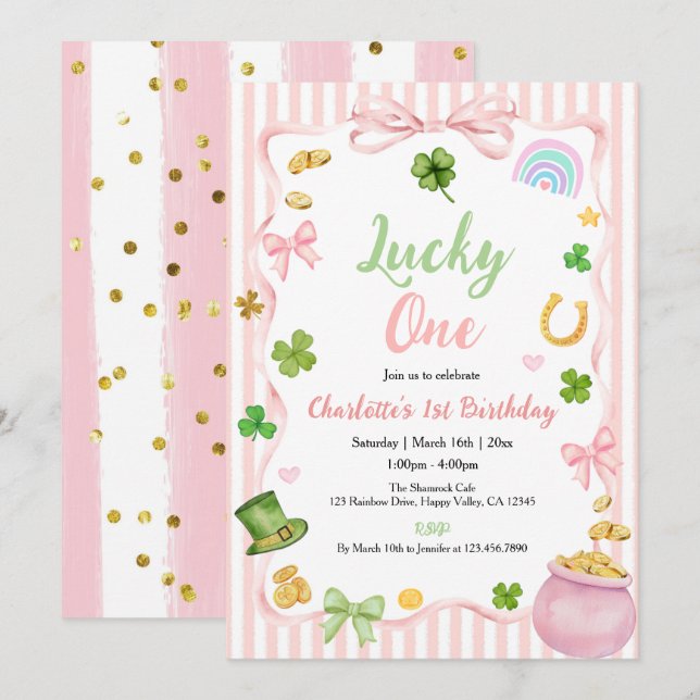 Convites Lucky One Girl 1st Birthday Invitation Pink Gold (Frente/Verso)