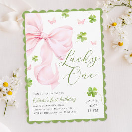 Convites Lucky One Pink Bow 1st Birthday Invitation