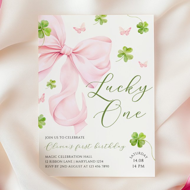 Convites Lucky One Pink Bow 1st Birthday Invitation (Criador carregado)