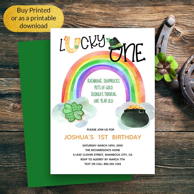 Convites Lucky One Rainbow Shamrock Pote Dourado de anivers (Lucky One Whimsical Irish Themed First Birthday Invitation)
