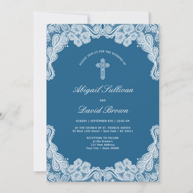 Convites Lugar Branco sobre Casamento Religioso Azul (Frente)
