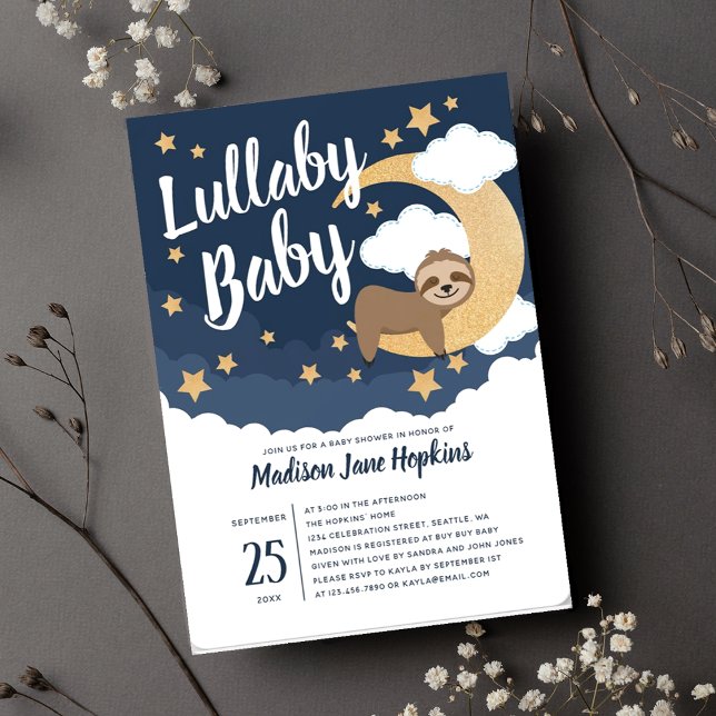 Convites Lullaby Baby Sloth Moon Chá de fraldas (Criador carregado)