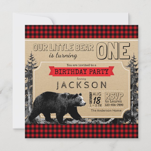 Convites Lumberjack Aniversário Xadrez Búfalo Ursinho (Frente)