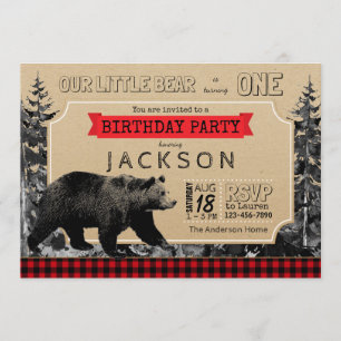 Convites Lumberjack Aniversário Xadrez Búfalo Ursinho