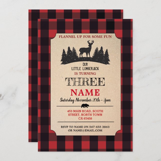 Convites Lumberjack Birthday ANY AGE Red Flannel Invite (Frente/Verso)