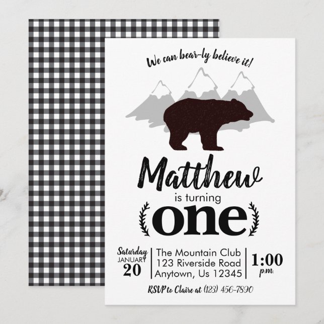 Convites Lumberjack Boy Bear Primeiro Aniversário (Frente/Verso)