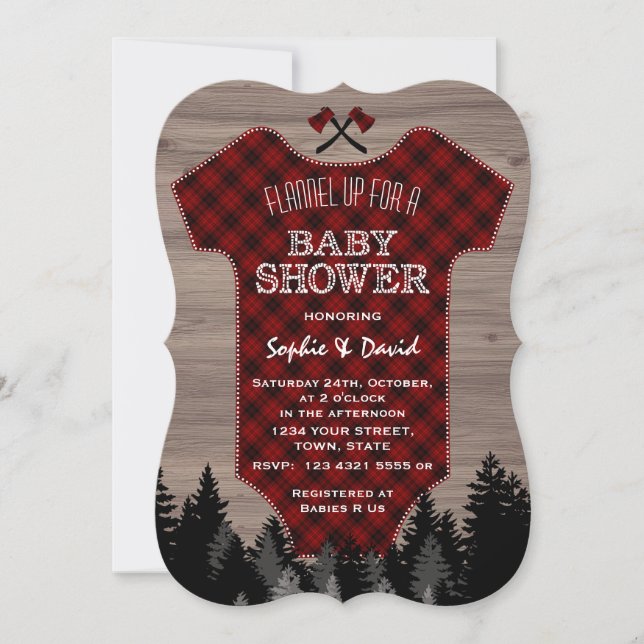 Convites Lumberjack Buffalo Baby Suit Old Barn Chá de frald (Frente)