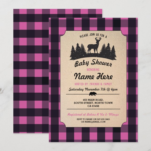 Convites Lumberjack Chá de fraldas Rosa Woodland Convida (Frente/Verso)