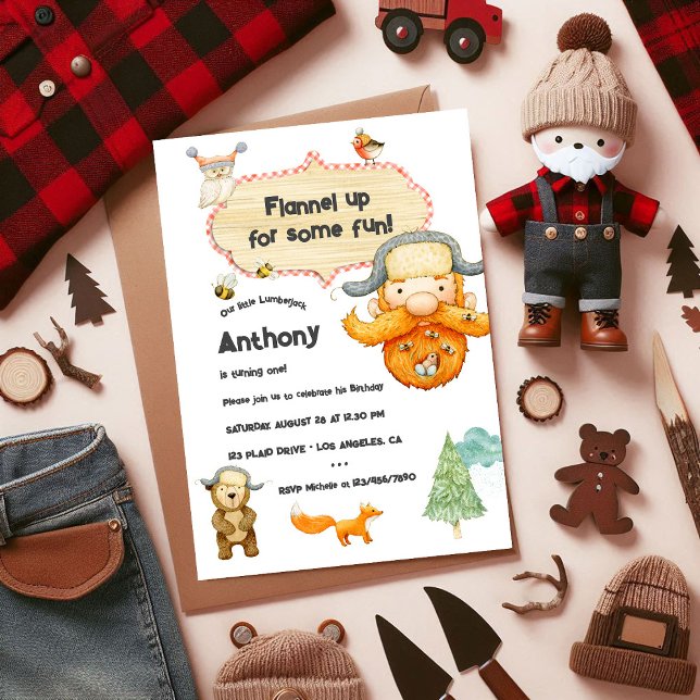 Convites Lumberjack Kids Gingham Festa de aniversário Foto (Lumberjack Kids Gingham Birthday Party Photo Invitation)