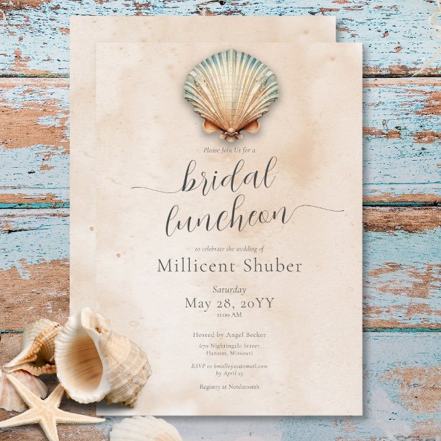 Convites Lunchedo Bridal de Areia Costeira Moderna (Modern Coastal Seashell Sand Bridal Luncheon Invitation)