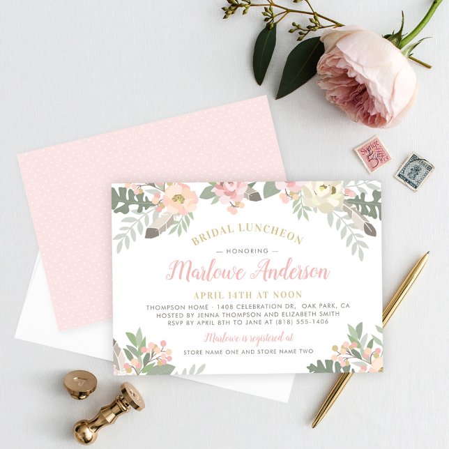Convites Lunchedo Bridal, Rosa e Dourado, Floral Boho (Criador carregado)