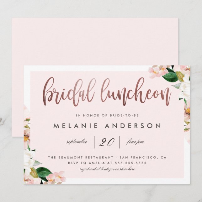 Convites Lunchedo de Bridal com Rosa Floral de Dourada Flor (Frente/Verso)