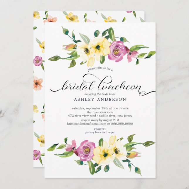 Convites Lunchedo Floral Amarelo e Violeta (Frente/Verso)