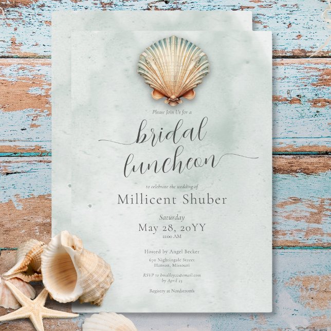 Convites Lunchedo Moderno de Seashell Aqua Bridal (Modern Coastal Seashell Aqua Bridal Luncheon Invitation)