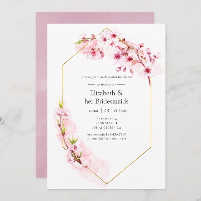 Convites Luncheias de Bridesmaids, Primavera cor-de-rosa ge (Frente/Verso)