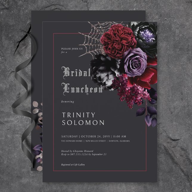 Convites Luncheo Preto Escuro Floral e Silver Web Bridal (Dark Black Floral & Silver Web Bridal Luncheon Invitation)