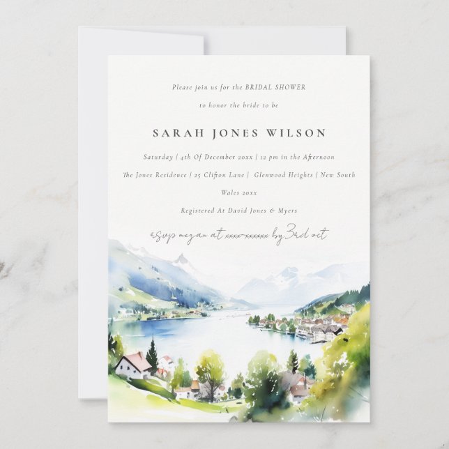 Convites Lungern Switzerland Watercolor Bridal Shower (Frente)