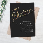 Convites Lúpulo de ouro preto Sweet 16<br><div class="desc">Um 16 convite moderno. O fundo preto clássico e a palavra dezesseis escrita com letras grandes em ouro falso. Personalize e adicione um nome e detalhes da parte. Texto branco.</div>