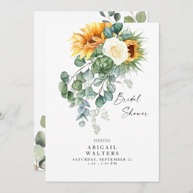 Convites Luscioso Eucalyptus Sunflower White Chá de panela (Frente/Verso)