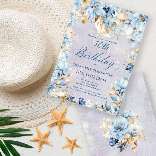 Convites Lush Blue White Watercolor Floral 50º aniversário