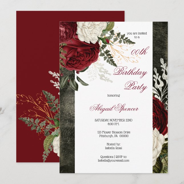 Convites Lush Burgundy - Festa de aniversário Floral para A (Frente/Verso)