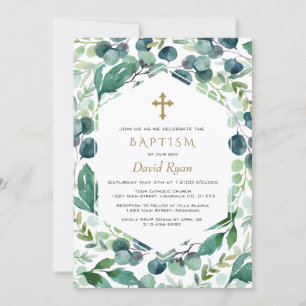 Convites Lush Eucalyptus Frame Dourado Cross Boy Baptism