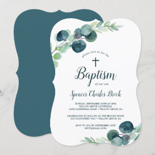 Convites Lush Greenery e Eucalipto com Cross Baptism