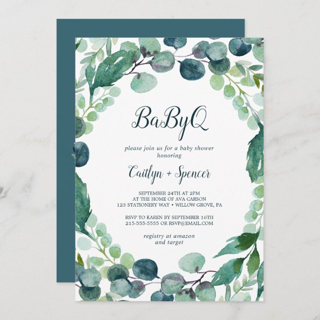 Convites Lush Greenery e Eucalyptus BabyQ (Frente/Verso)