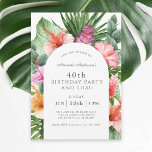 Convites Lush Tropical Floral aniversário de 40 anos e Luau<br><div class="desc">Um belo design do Partido aniversário de 40 anos tropical com elementos florais coloridos de cor d'água que incluem flores de hibisco, flores de gengibre e uma variedade de folhagem tropical em torno de uma moldura de na moda. A aparência é vibrante e viva e dá o tom para sua...</div>