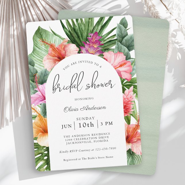 Convites Lush Tropical Floral Chá de panela e Luau (A beautiful tropical bridal shower invitation with a luau theme.)