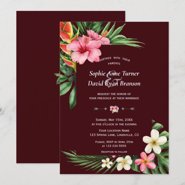 Convites Lush Tropical Garden Flowers Deep Burgundy Wedding (Frente/Verso)