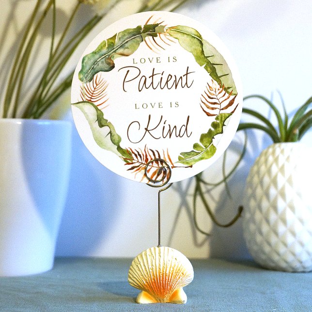 Convites Lush Tropical Green Leaves Love é sinal do pacient (love is patient love is kind wedding table top sign round green rustic banana leaves tropical wreath)
