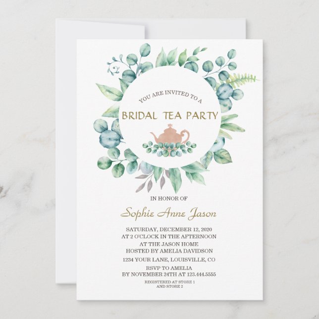 Convites Lush Watercolor Eucalyptus Bridal Tea Party (Frente)