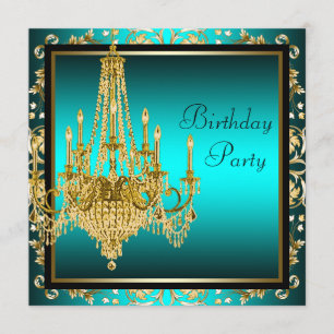 Convites Lustre de Damasco Azul Turquesa Dourado Aniversári