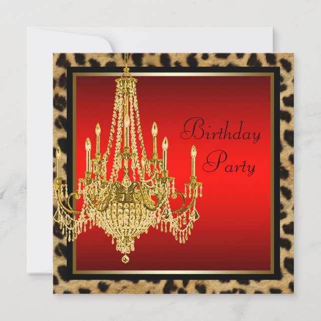 Convites Lustre Preto Leopardo Vermelho Dourado Festa de An (Frente)