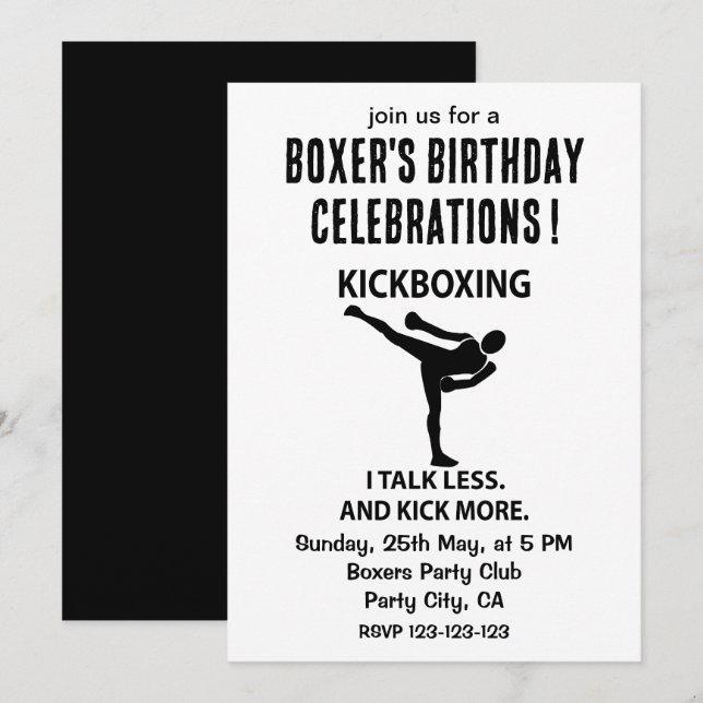 Convites Lutador de Kickboxing Boxeador Aniversário Kickbox (Frente/Verso)