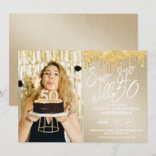 Convites Lux Dourado Glitter 50th Foto Aniversário