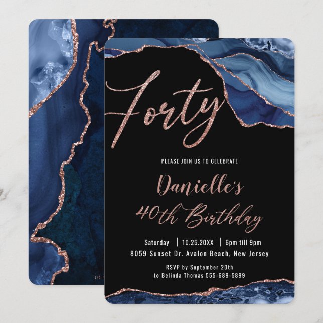 Convites Luxe Agate Sapphire Blue Rosa Dourada aniversário  (Frente/Verso)