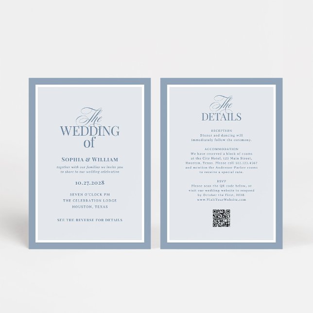 Convites Luxe Azul Poeirento com Código QR de RSVP | Casame (Criador carregado)