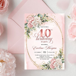 Convites Luxe Boêmio Rosa Pastel Floral 40º Aniversário