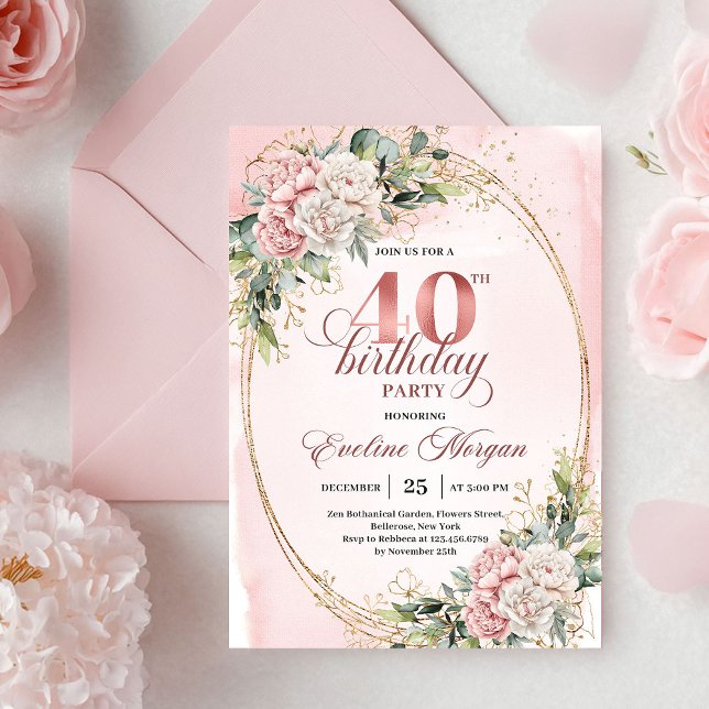 Convites Luxe Bohemian Pastel Pink Floral 40th Birthday  (Luxe Bohemian Pastel Pink Floral 40th Birthday Invitation)