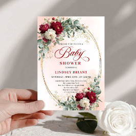Convites Luxe Boho Maroon Floral Gold Baby Shower Invitatio