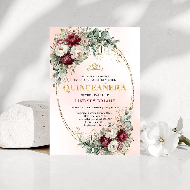 Convites Luxe Boho Peônias Vermelhas Profundas Eucalipto Qu (Luxe Deep Red Peonies Eucalyptus Quinceañera Invite)