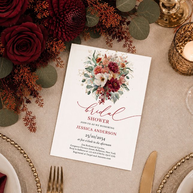 Convites Luxe Borgonha Dourado Eucalipto outono boho sapato (Luxe Burgundy Gold Eucalyptus fall boho bridal shower invitation

)