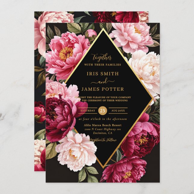 Convites Luxe Burgundy and Blush Pink Peony Floral Wedding (Frente/Verso)