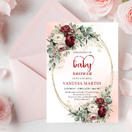 Convites Luxe Deep Red Floral Heart-Shaped Font Baby Shower