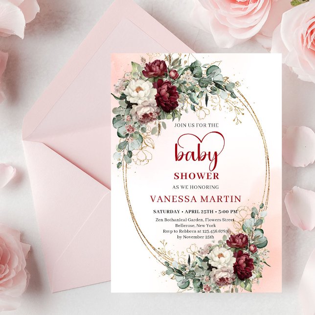 Convites Luxe Deep Red Floral Heart-Shaped Font Baby Shower (Luxe Deep Red Floral Heart-Shaped Font Baby Shower Invitation)